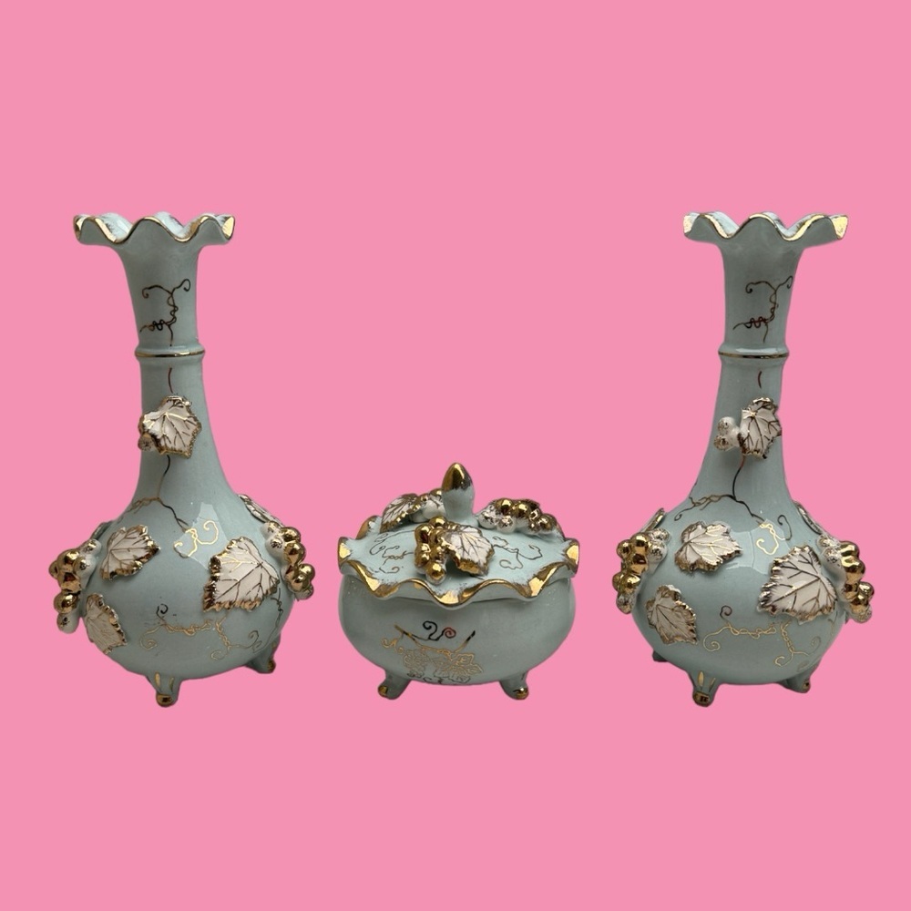 Vintage Vanity Set Vases Light Aqua Gold Tone Grapes Leaves MCM 1940s 1950s